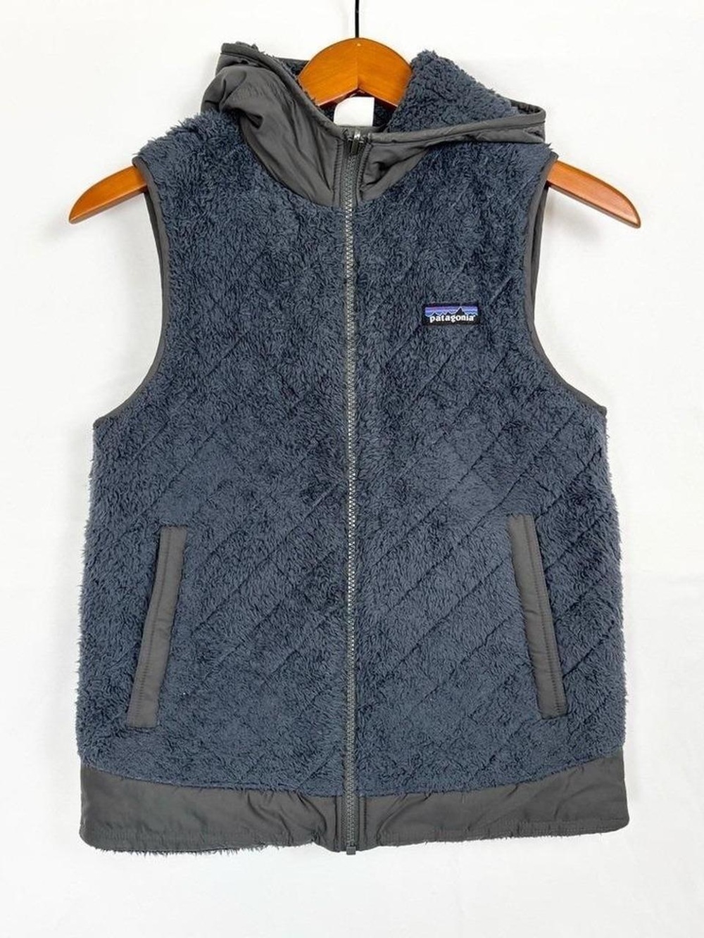 Patagonia Women's Reversible Dark Gray Sherpa Fleece Vest with Hood
